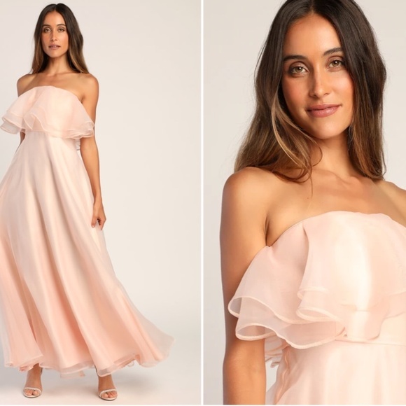 LULU's Romantic Elegant Prom Wedding Off the Shoulder Light Pink Flowy Maxi - Picture 3 of 5